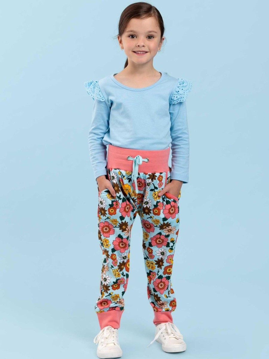 Girl'S Winter Clothes Retro Flower | Slouchy Blue Retro Flower Pants