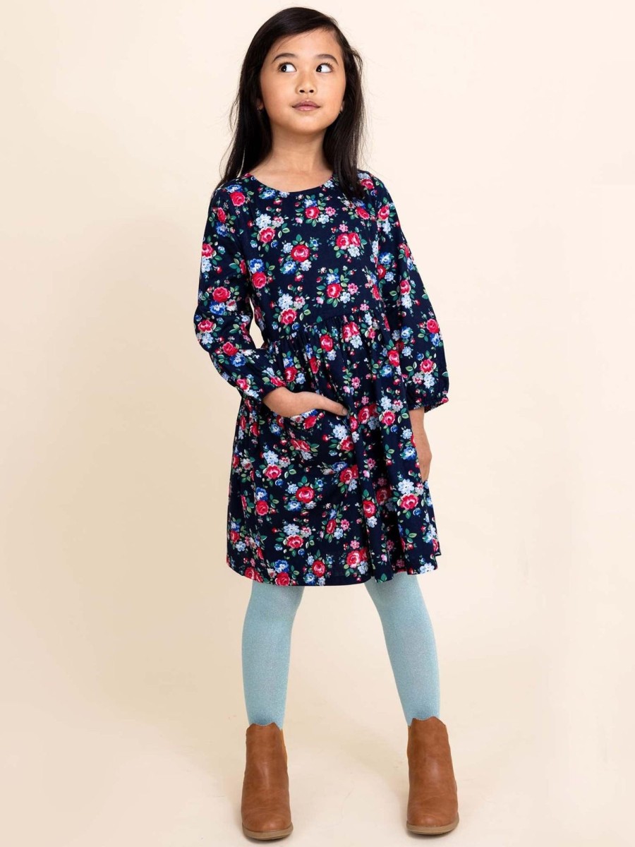 Girl'S Dresses Navy Bouquet | Megan Long Sleeved Dress Navy Bouquet