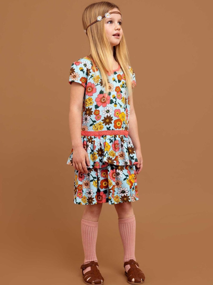 Girl'S Summer Clothes Retro Flower | Sky 1960S Flower Tiered Jersey Dress