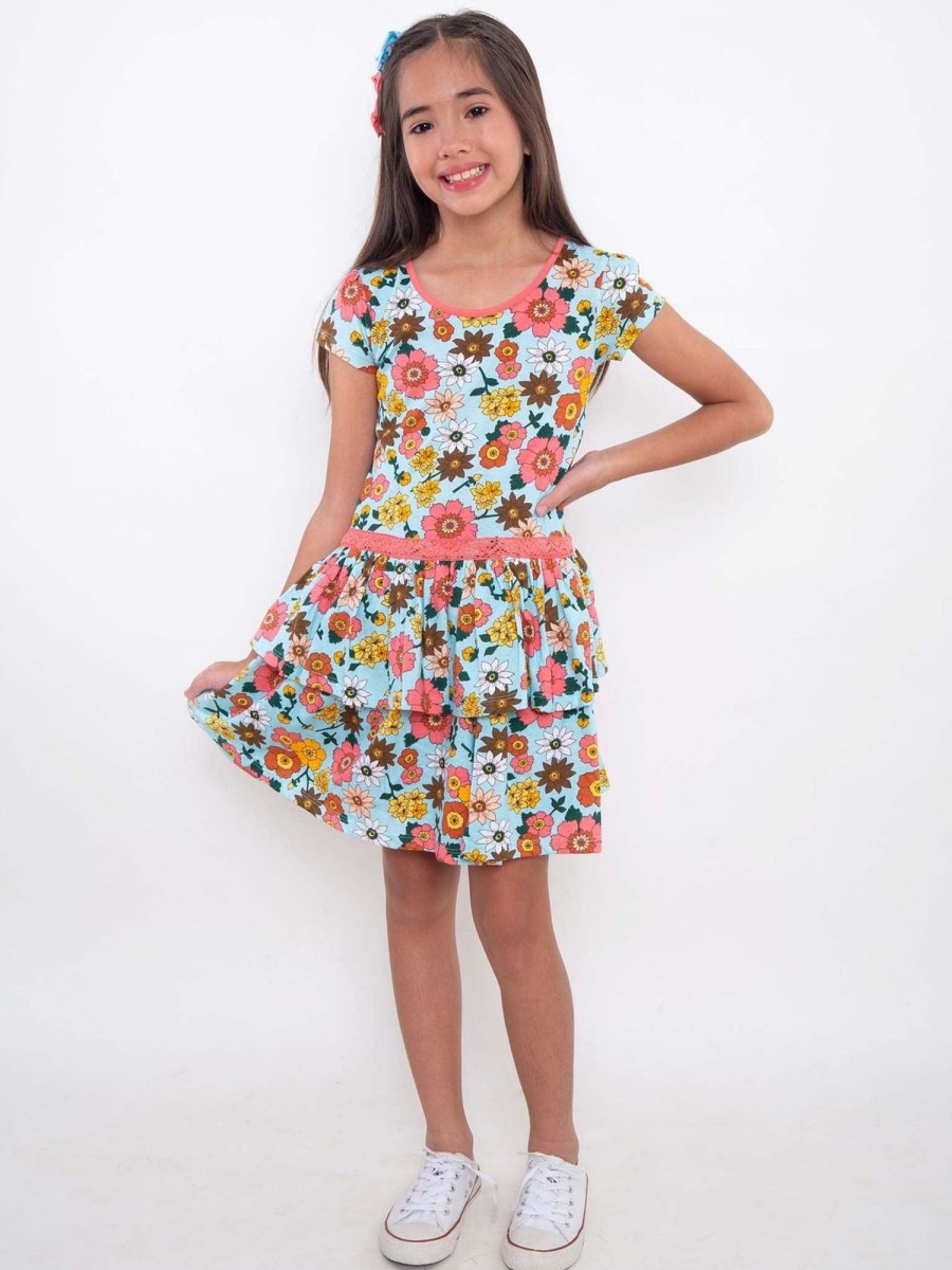 Girl'S Summer Clothes Retro Flower | Sky 1960S Flower Tiered Jersey Dress