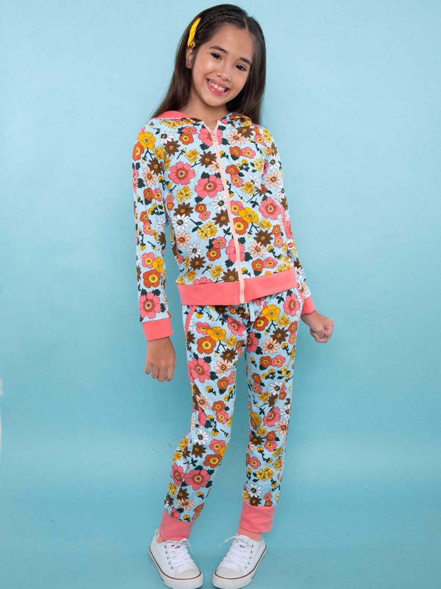 Girl'S Winter Clothes Watercolour | Blue Retro Flower Hoodie And Pants Set