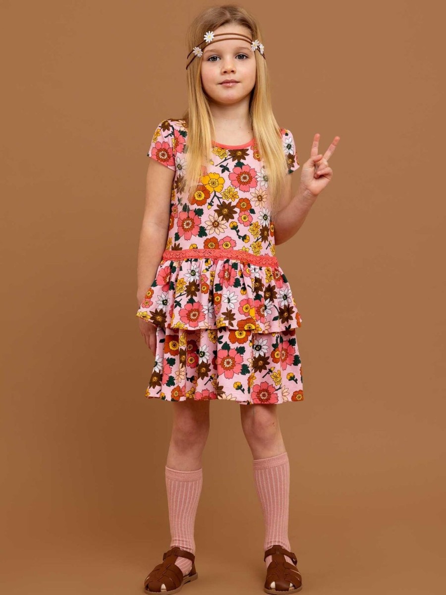 Girl'S Summer Clothes Retro Flower | Honey 1960S Flower Tiered Jersey Dress