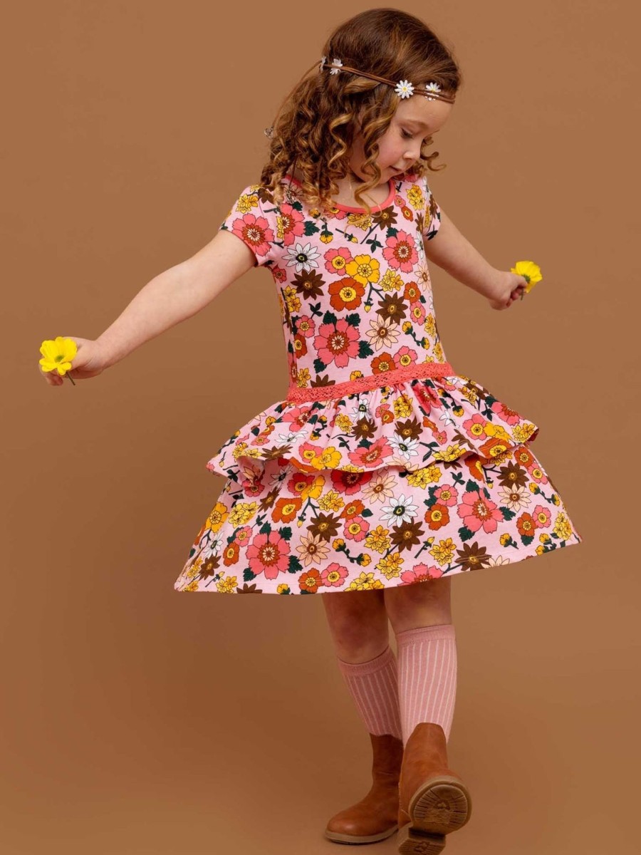 Girl'S Summer Clothes Retro Flower | Honey 1960S Flower Tiered Jersey Dress