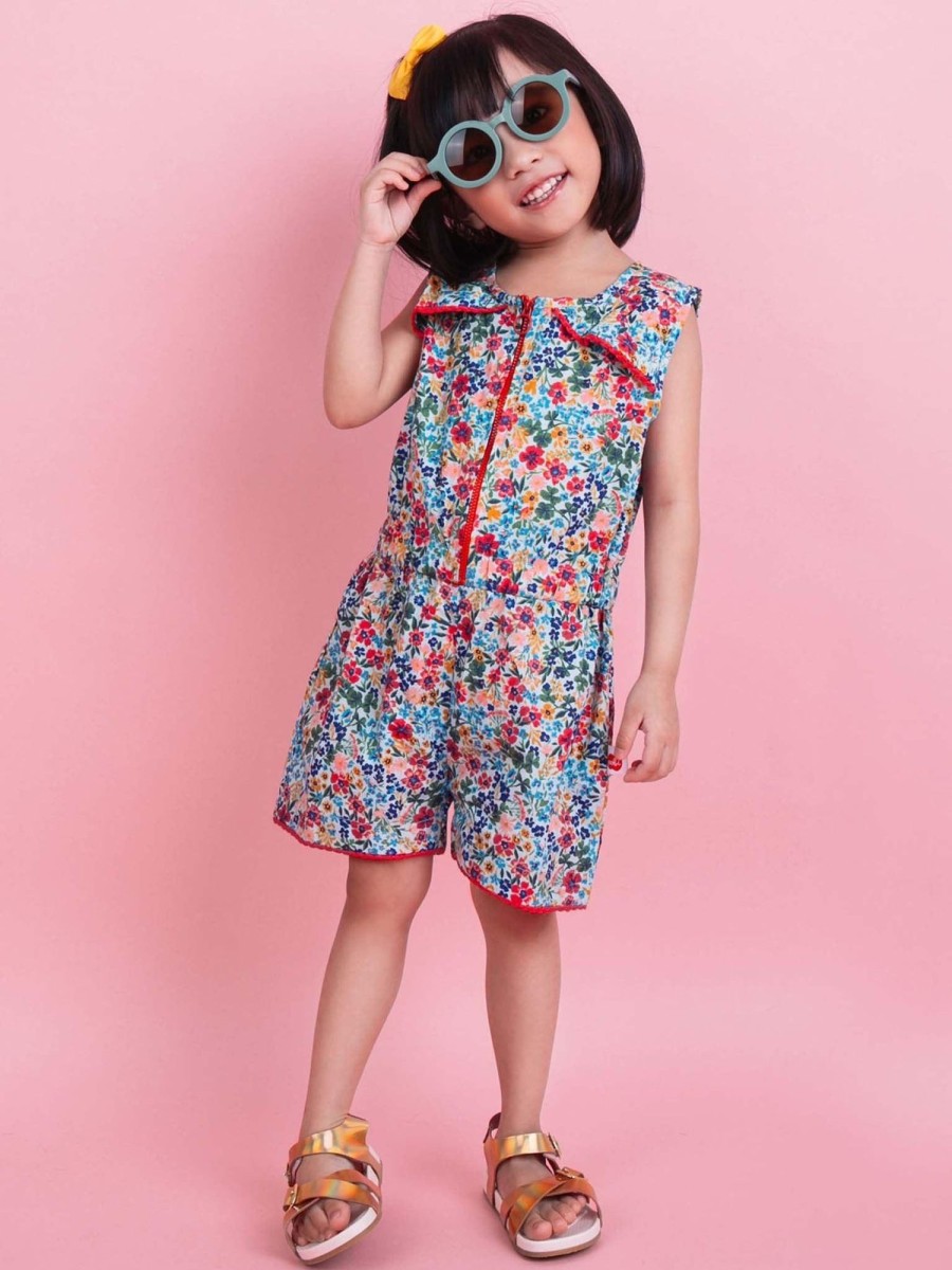 Girl'S Summer Clothes Blue Multifloral | Bowie Blue Forest Flower Playsuit